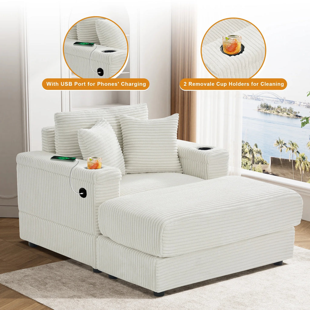 Wiilayok Oversized Lounge Chair Indoor,54" Corduroy Cloud Chaise Lounge Couch Indoor with Ottoman,Cup Holder for Living Room,Bedroom,Beige