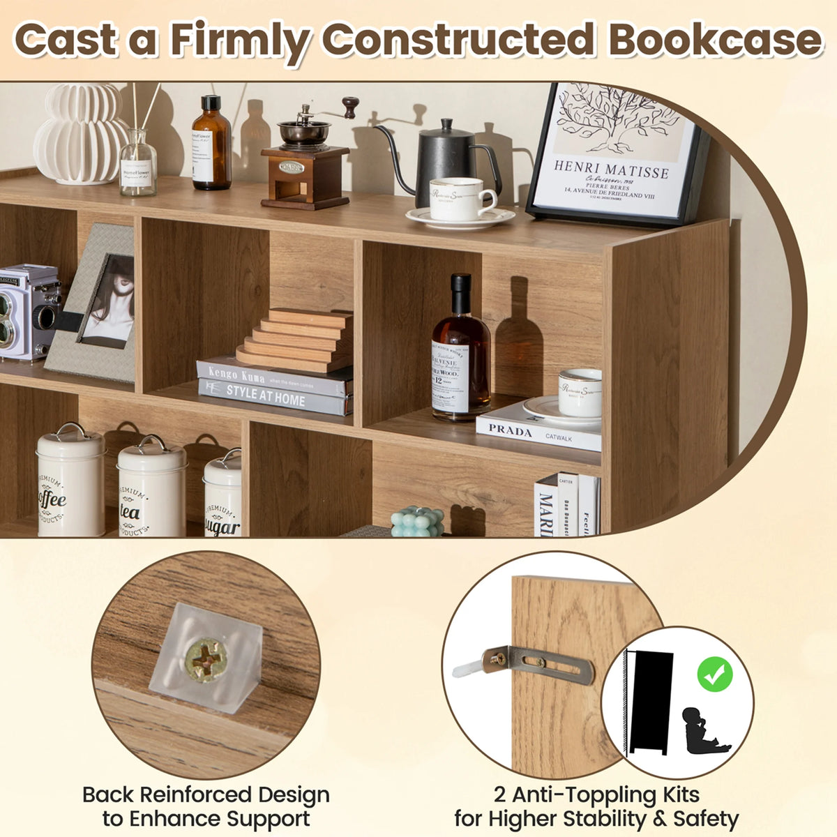 Costway 3-tier Open Bookcase 8-Cube Floor Standing Storage Shelves Display Cabinet White