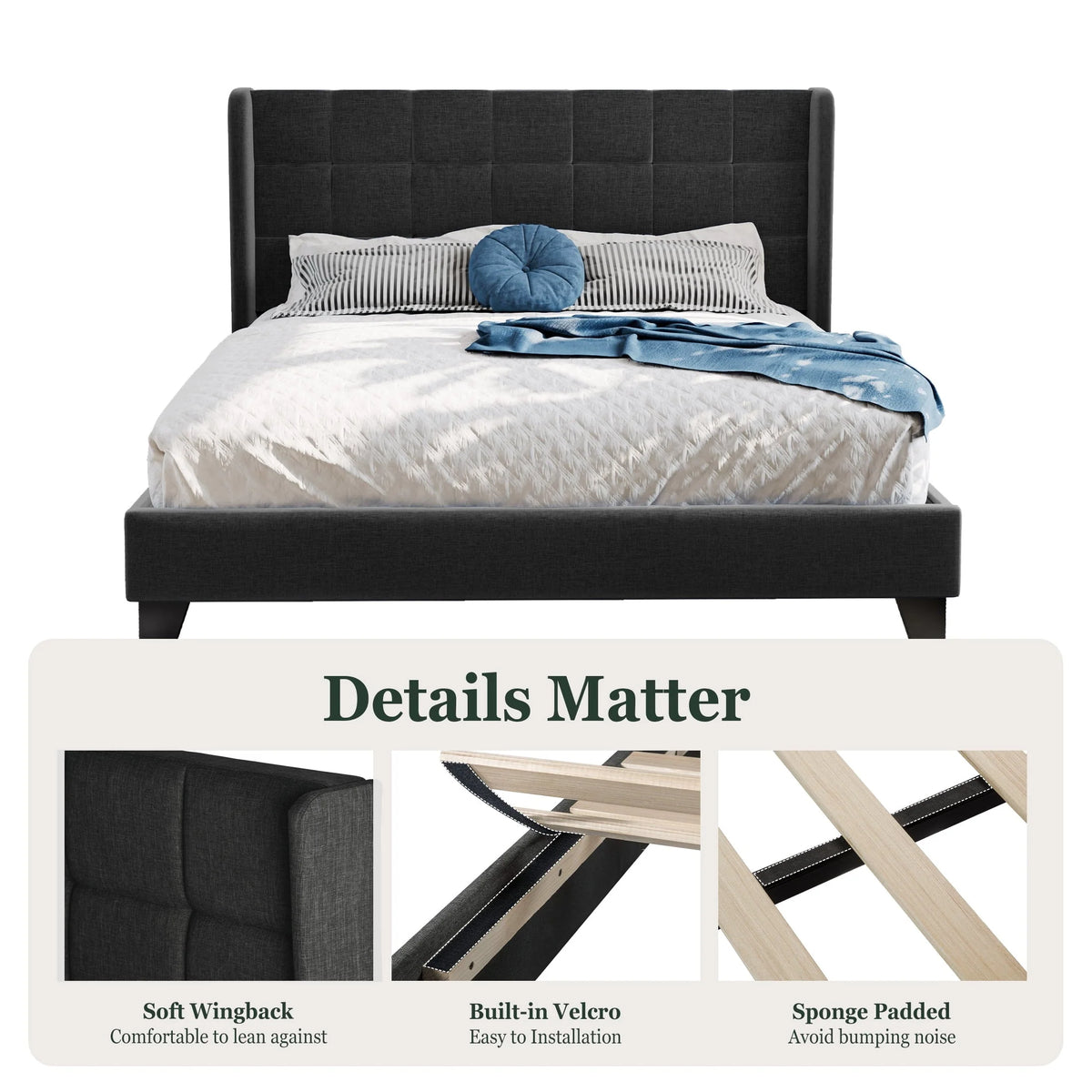 Amolife Queen Size Platform Bed with Wingback Headboard, Square Stitched Style, Dark Grey