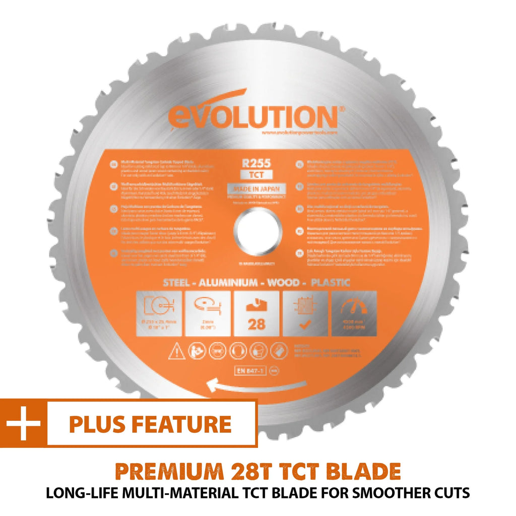 Evolution R255SMS-DB+: Dual Bevel Sliding Miter Saw With 10 in. Multi-Material Cutting Blade