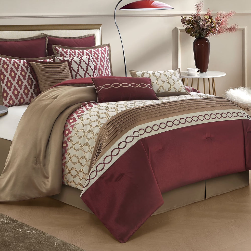 LANCO MODERN LIFESTYLE King Size Comforter Set, Burgundy, 10 Piece Bed in a Bag for All Seasons, Luxury Extreme Comfort Bedding Sets with Bedskirt, Pillow Shams, Euro Shams and Decor Pillows