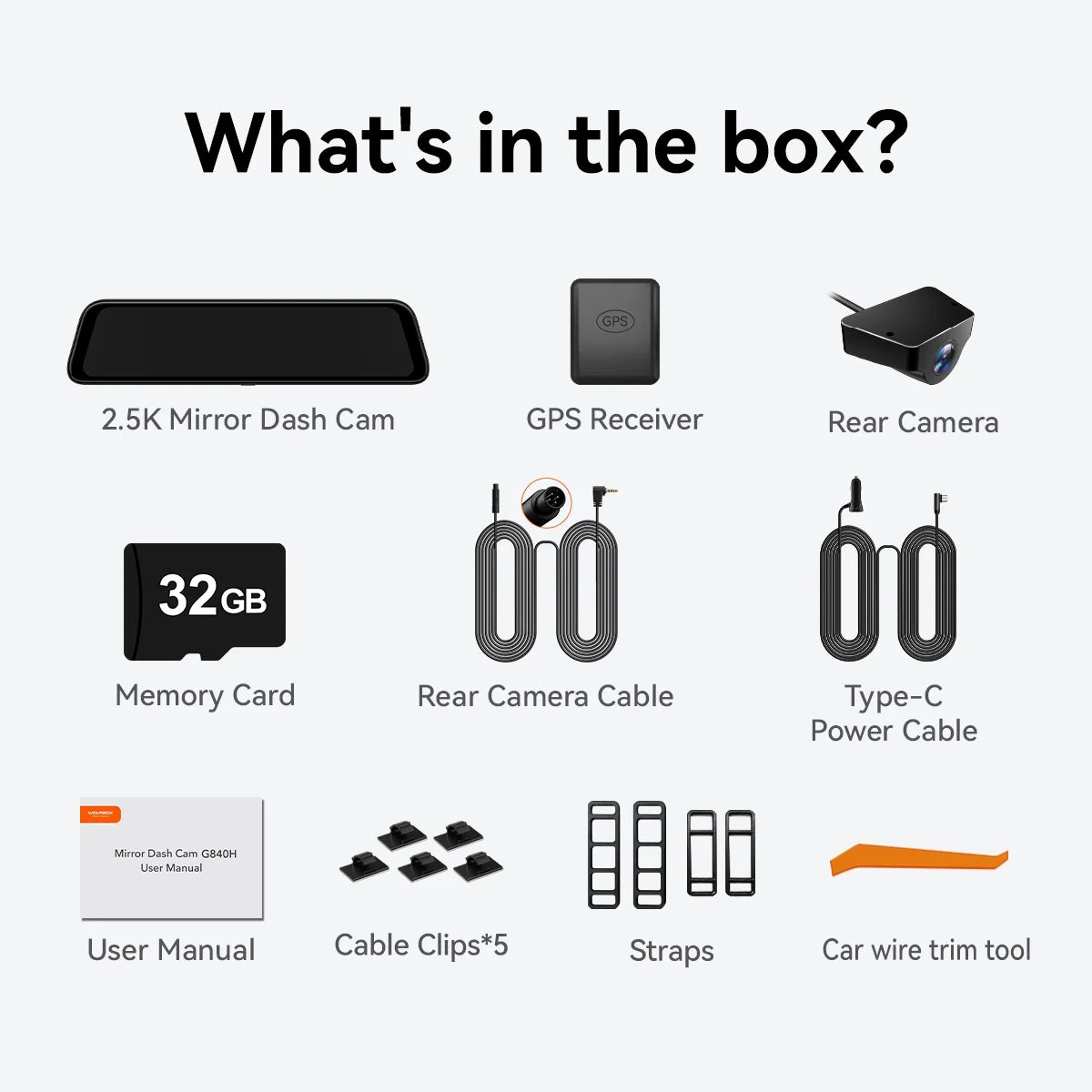 WolfBox Rear View Mirror Dash Cam, 2.5K Front + 1080P Rear Camera, 12'' Screen Mirror Car Dash Cam with Night Vision, Built-in Wi-Fi & GPS, 24H Parking Monitor, Free 32GB Card