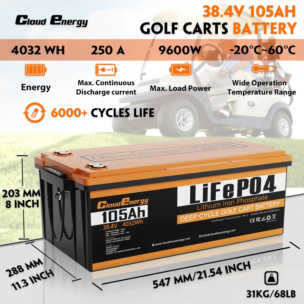 36V(38.4V) 105Ah LiFePO4 Golf Cart Battery Built-in 250A Bluetooth BMS,with 20A Charger,Touch Monitor,6000+ Cycles,Perfect for Golf Carts,Trolling Motor