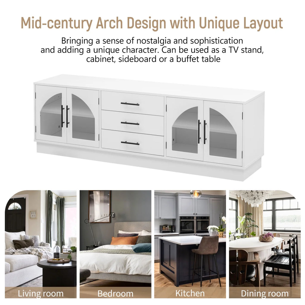 TV Stand for 75 Inch TV, Entertainment Center with Storage Cabinets and 3 Drawers, Media Console Cabinet with Adjustable Shelves and Glass Doors for Living Room, Black