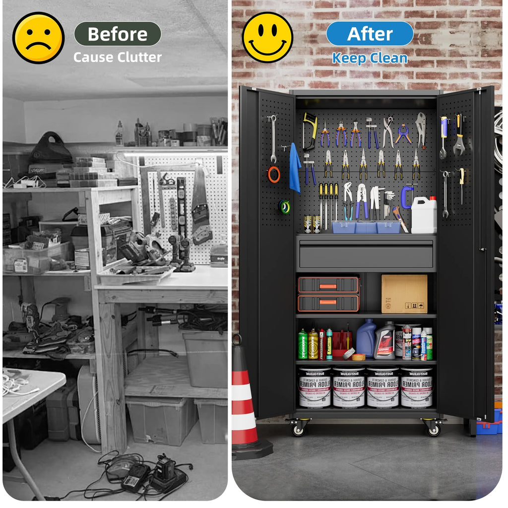 SUPEER 71" Metal Storage Cabinets with Wheels and Pegboards, Industrial Cabinet with 2 Drawers and 2 Adjustable Shelves,, Assembly Required