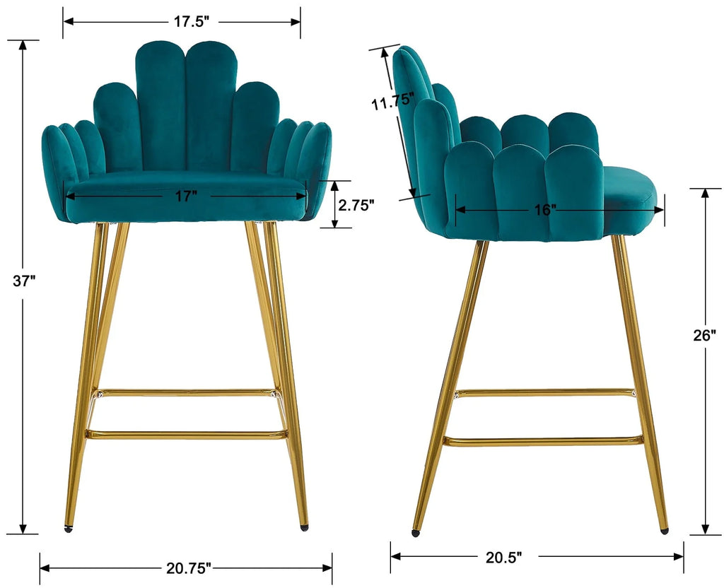 Guyou 26" Height Bar Stool Set of 2, Upholstered Velvet Counter Height Bar Stools with Finger Shaped Backrest and Metal Legs for Kitchen Island Bar Restaurant, Teal