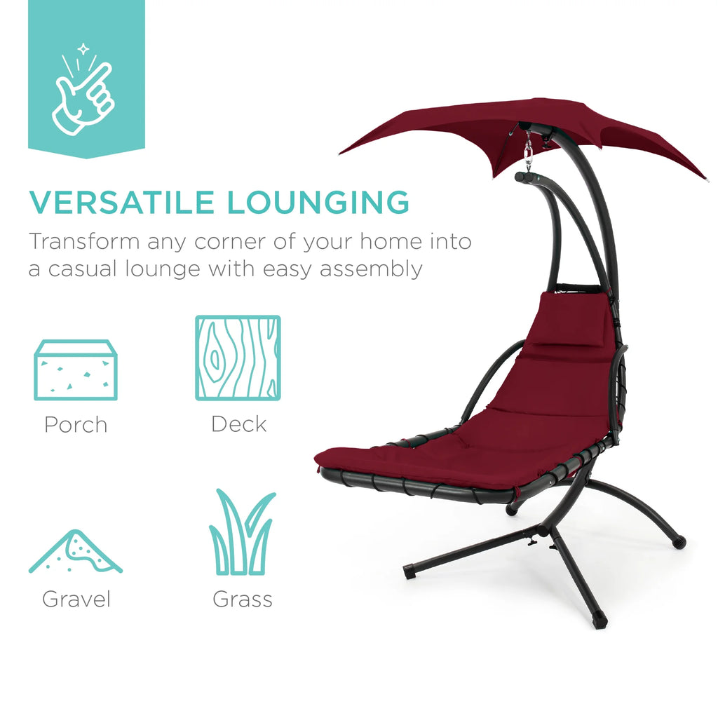 Best Choice Products Hanging Curved Chaise Lounge Chair Swing for Backyard, Patio w/ Pillow, Shade, Stand - Teal