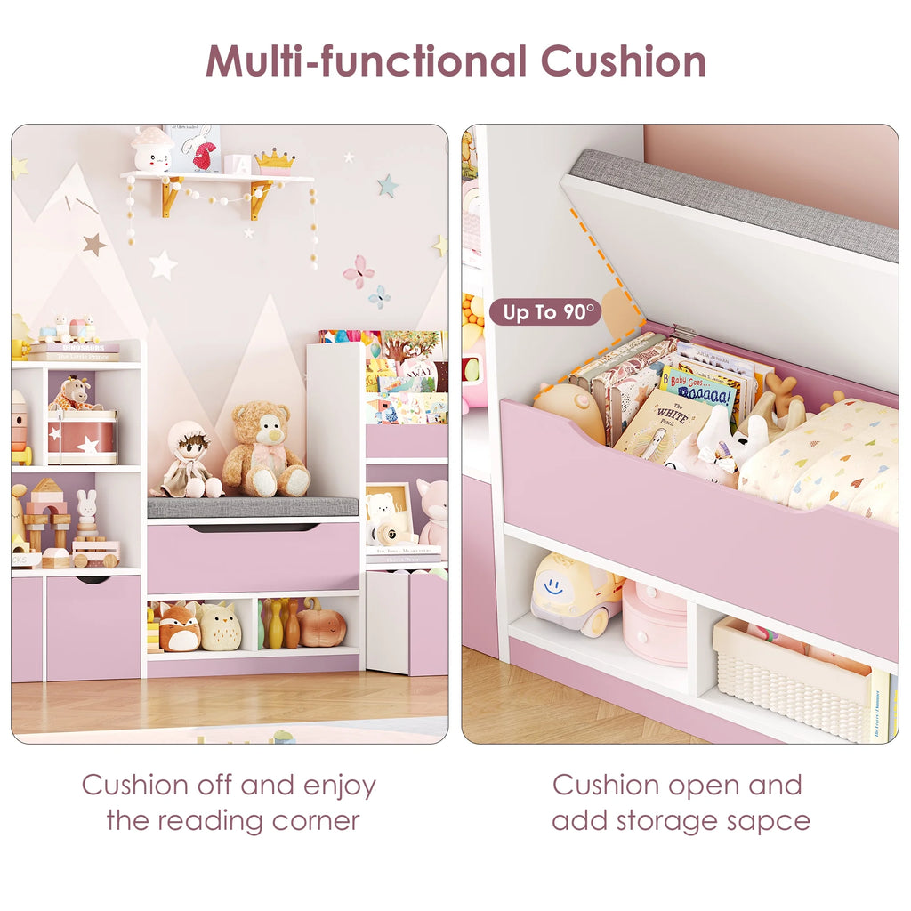 Hiphuta 72"Wide Kids Bookcase with Reading Nook and Under Bench Storage, Wooden Toy Storage Organizer & Book Rack for Kids Room, White