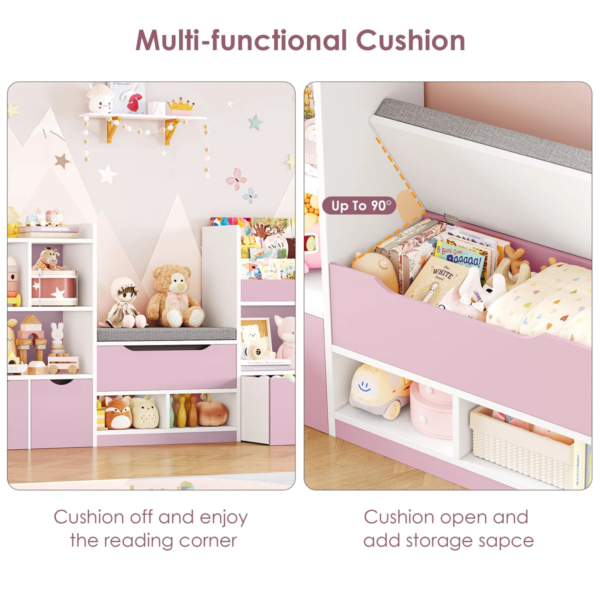 Hiphuta 72"Wide Kids Bookcase with Reading Nook and Under Bench Storage, Wooden Toy Storage Organizer & Book Rack for Kids Room, White