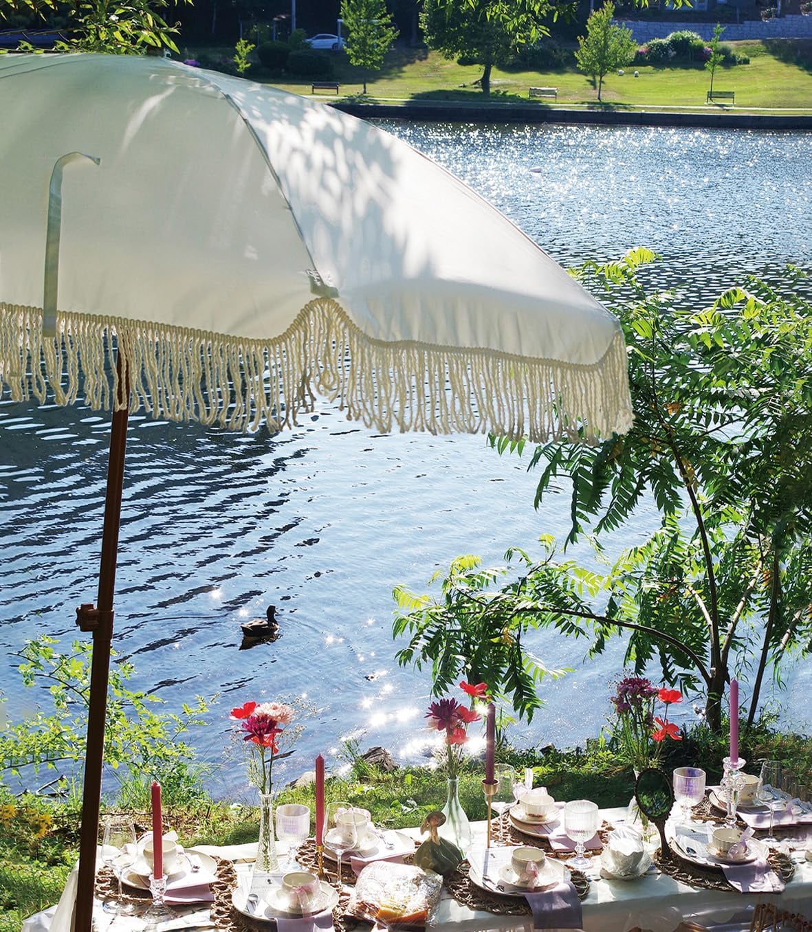 7ft Patio Umbrella with Fringe Outdoor Tassel Umbrella UPF50+ Premium Steel Pole and Ribs Push Button Tilt, Riviera Pink Stripe