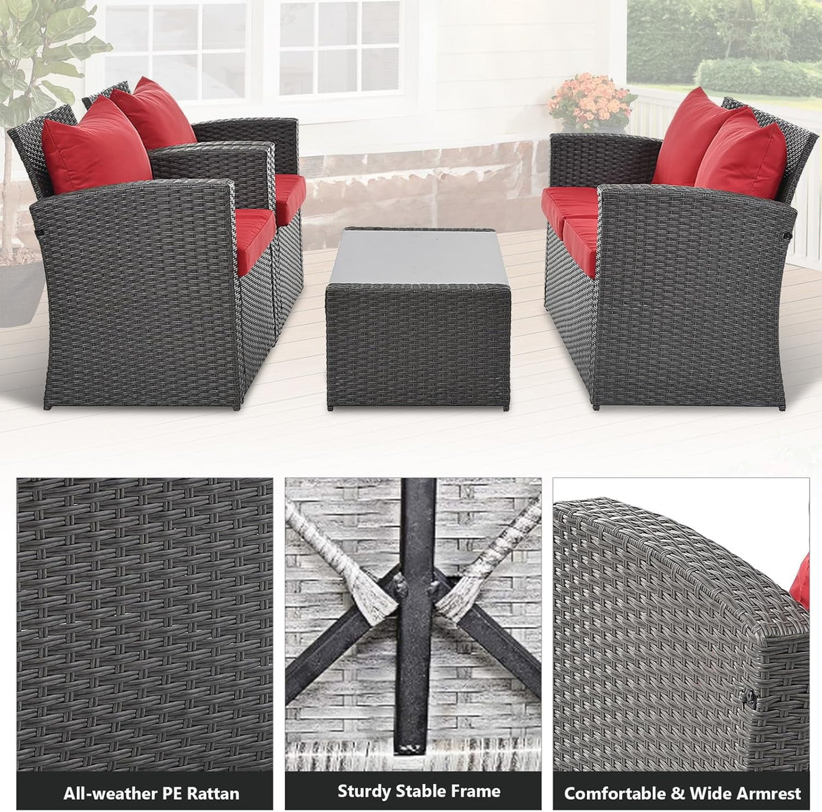 HighSound 4 Piece Patio Furniture Set, Outdoor Wicker Patio Sectional Sofa, All Weather PE Rattan Outdoor Sectional with Cushions & Coffee Table, Dark Gray