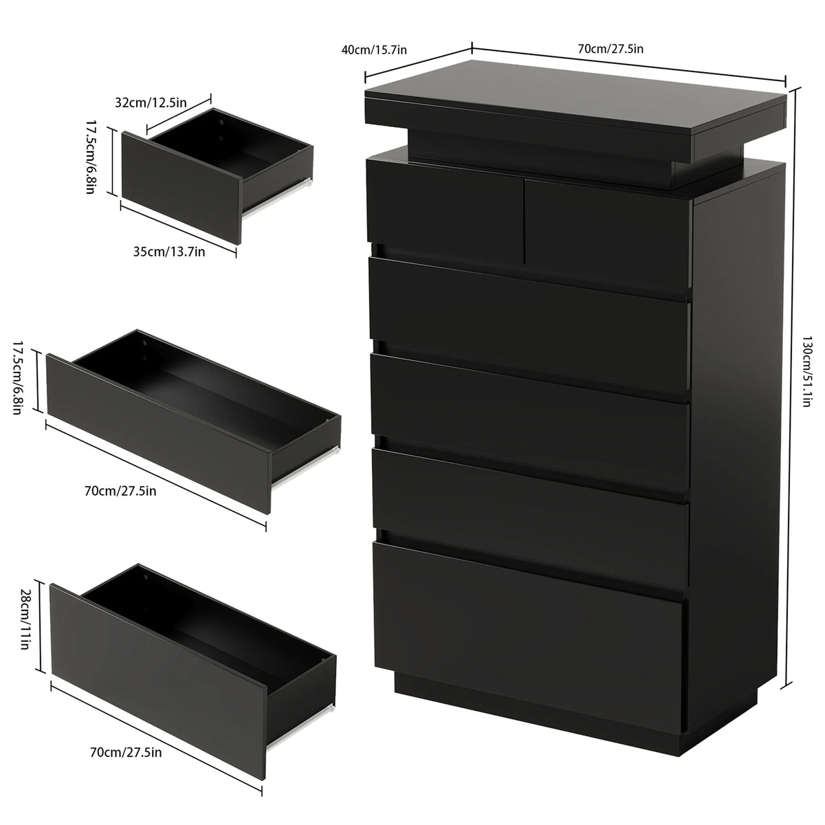 NEGYLIM 6 Drawer White Dresser, High Gloss Dresser with LED Light for Bedroom, Living Room, Hallway, Easy Assembly