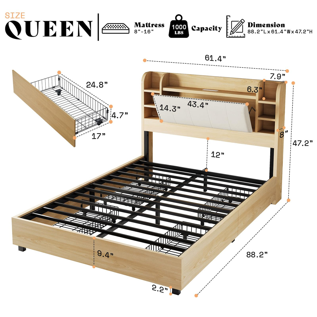 PLAUIN King Size Bed Frame with Storage Drawers, 47.2" Headboard and Wooden Platform, Grey