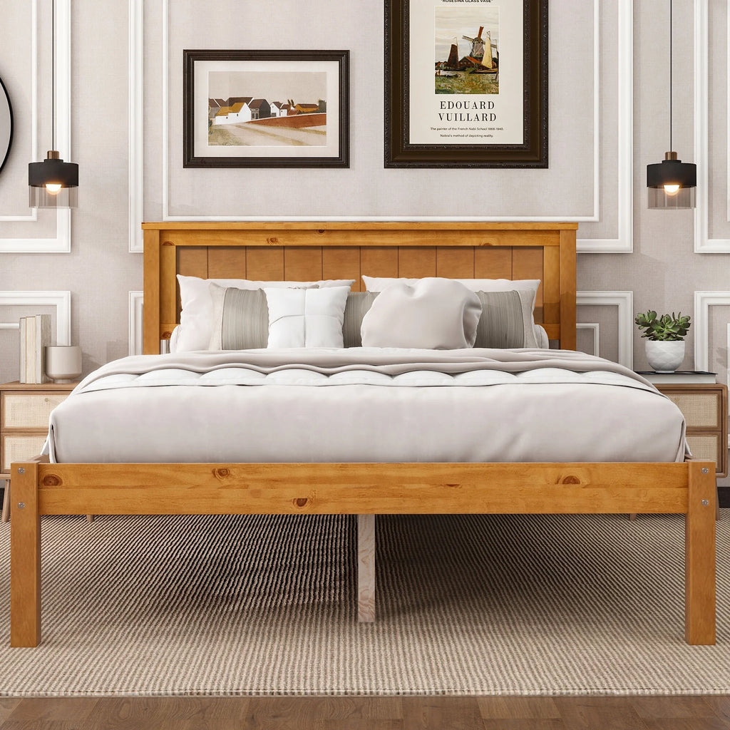 Euroco Twin Platform Bed, Modern Wood Frame Bed with Headboard and Slats for Kids Room, Oak