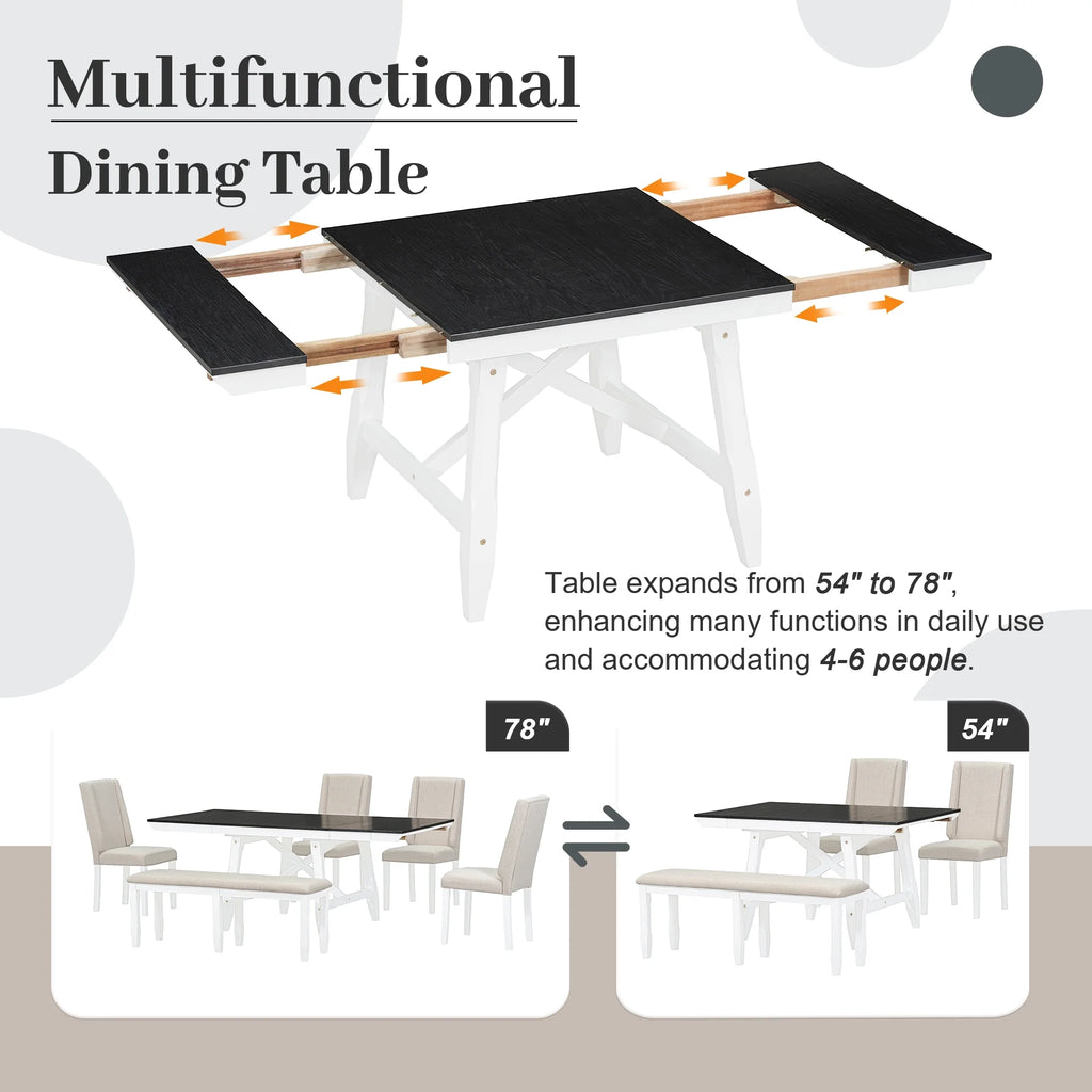 6 Piece Extendable Dining Table Set, Atumon Wood Dining Room Set for 6, Dining Table Set with 4 Beige Cushioned Chairs and Bench, Farmhouse Dining Table Set Furniture for Kitchen Dining Room, Natural