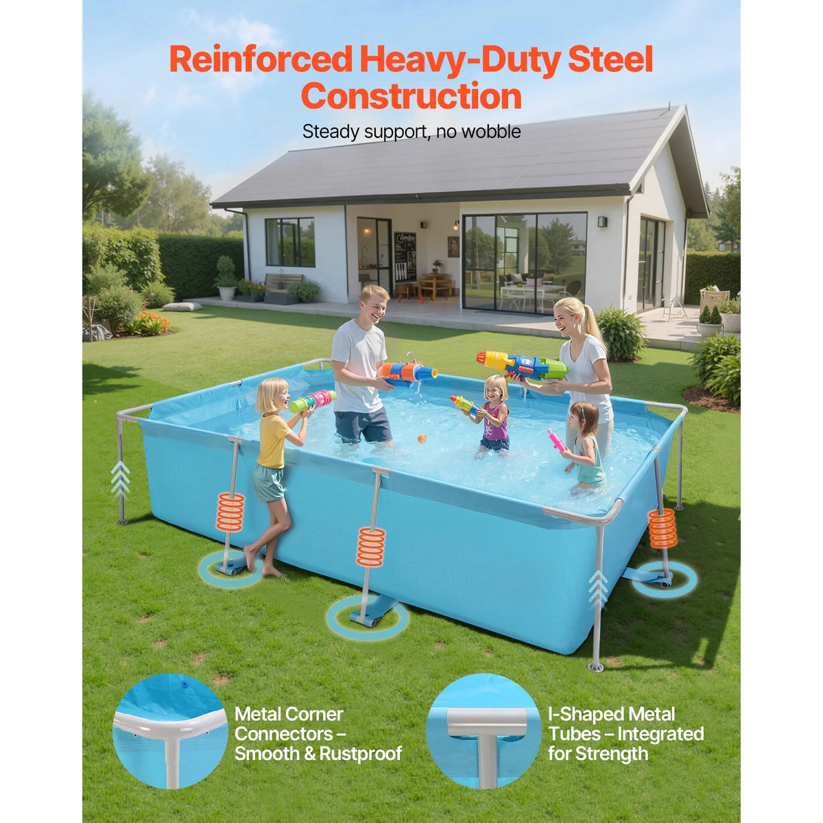 KFFKFF Rectangular Steel Frame Swimming Pool, 118 x 78 x 30 in, Durable Outdoor Family Pool for Backyard, Easy Assembly with Rust-Resistant Design, 1046 Gallon Capacity, Blue