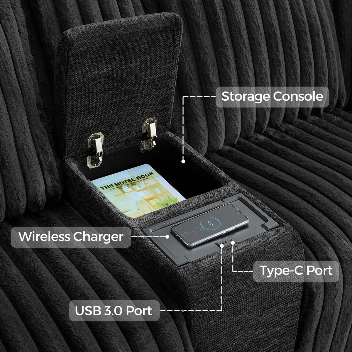 Power Reclining Sectional Sofa with Wireless Charger,6-Seater Faux Fur Sectional with Recliners,Hidden Cup Holders,Storage Console,USB & Type-C Ports,Black