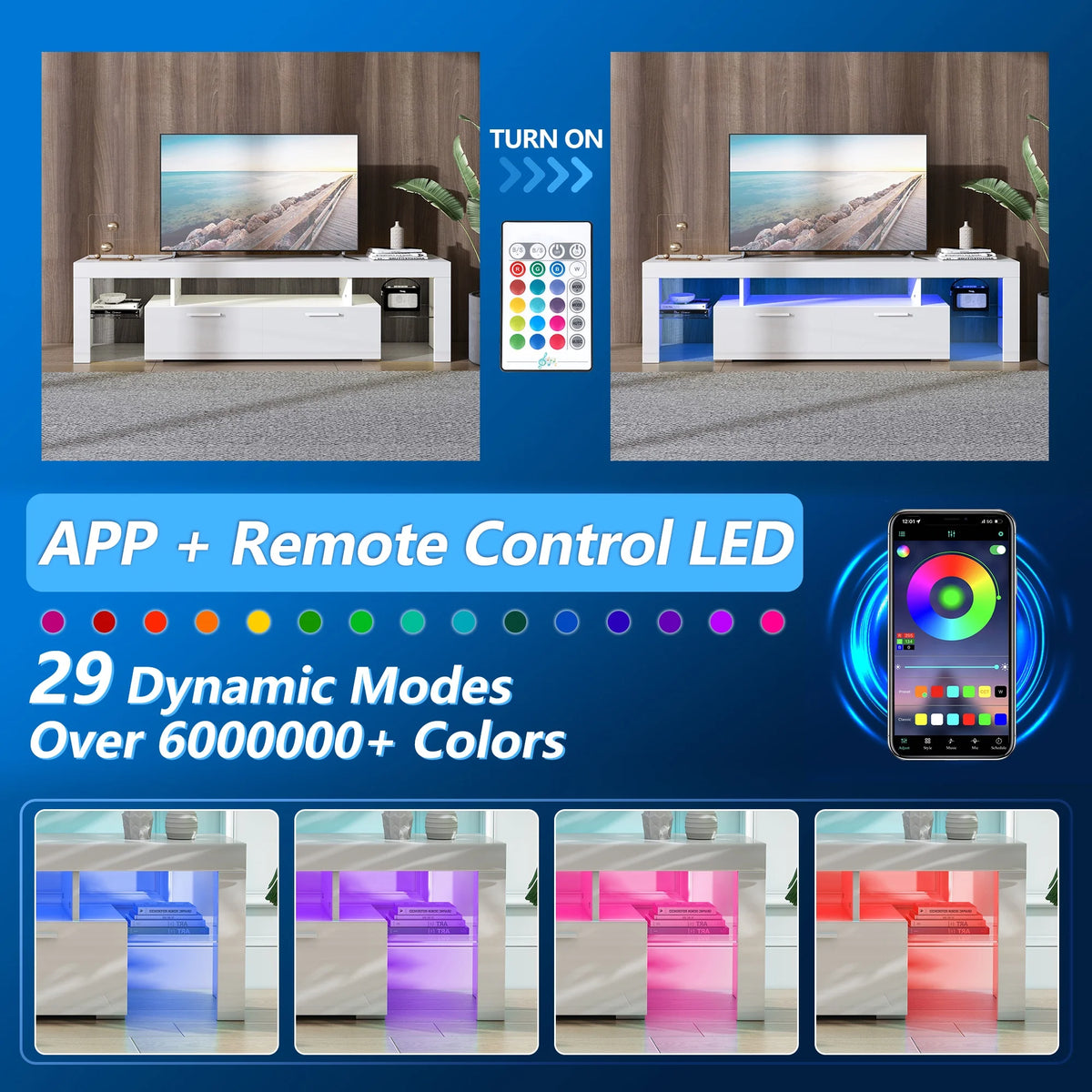 UHOMEPRO TV Stand for TV up to 70", Living Room Entertainment Center with RGB LED Lights and Storage Shelves Furniture, White High Gloss TV Cabinet Console Table