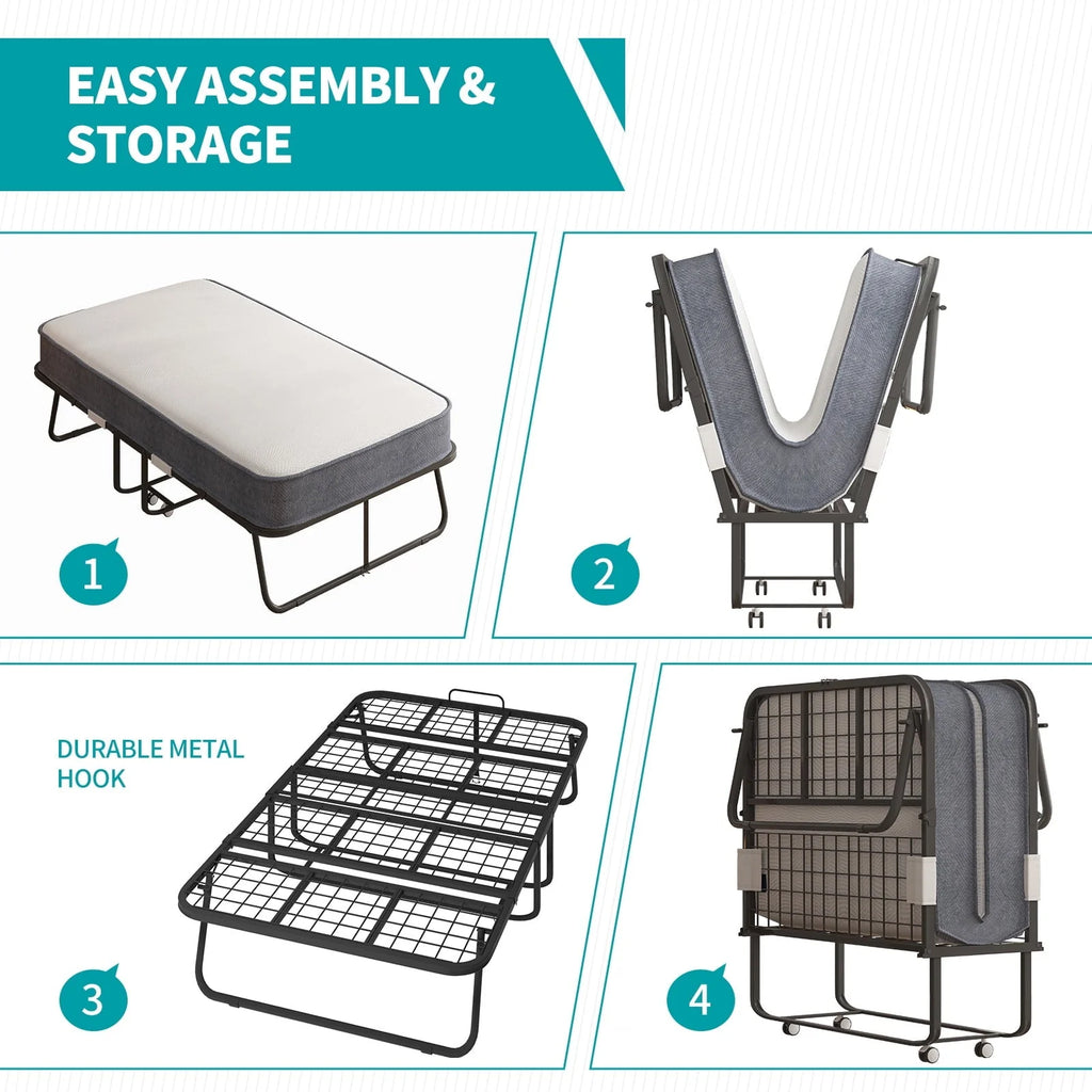 BALUS Folding Bed with Mattress for Adults, Foldable Bed with 4''Memory Foam Mattress, Portable Rollaway Guest Bed with Dustproof Bag & Baffle, Fold up Bed with Metal Frame Space Saving (Standard)