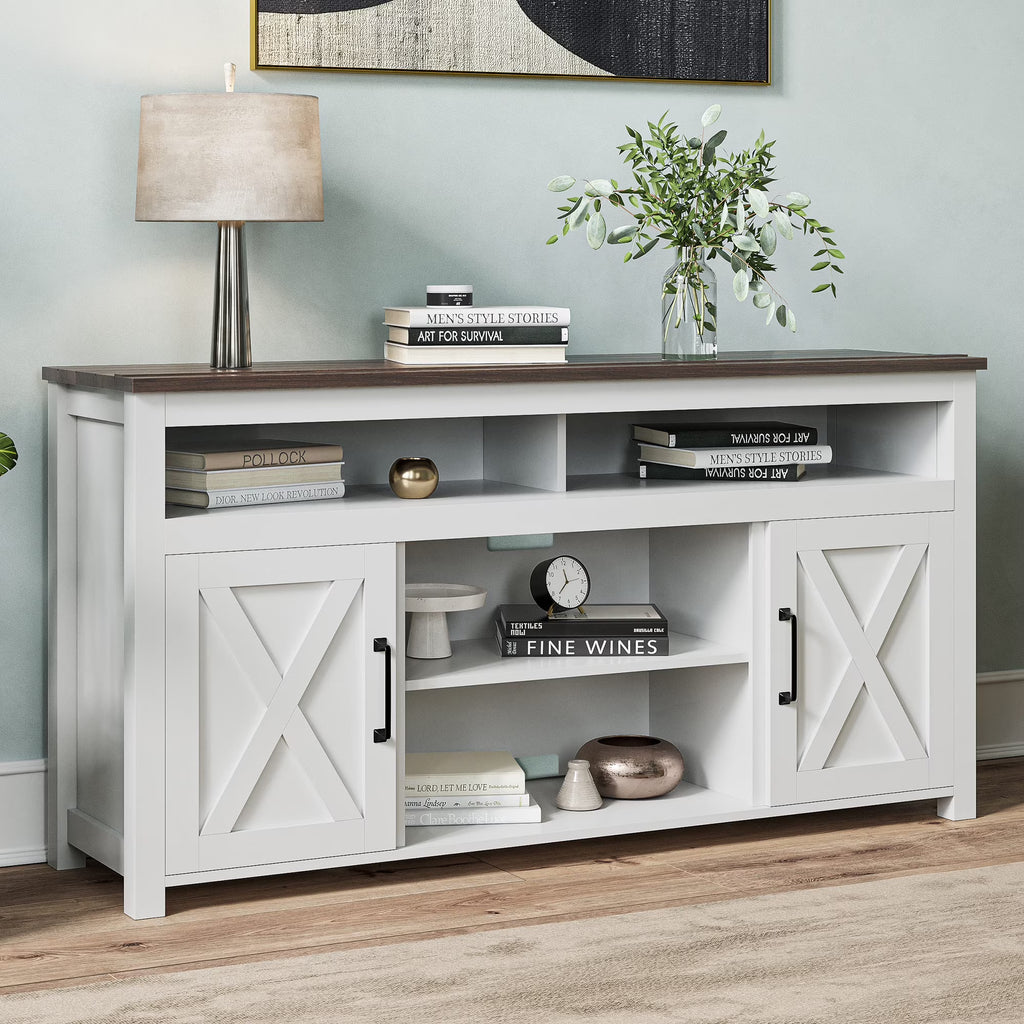 BELLEZE 58 Inch TV Stand, Contemporary Entertainment Center for TVs up to 65", Wood Media Console Table with Two Open Shelves and Barn Door Cabinets - Corin (White)