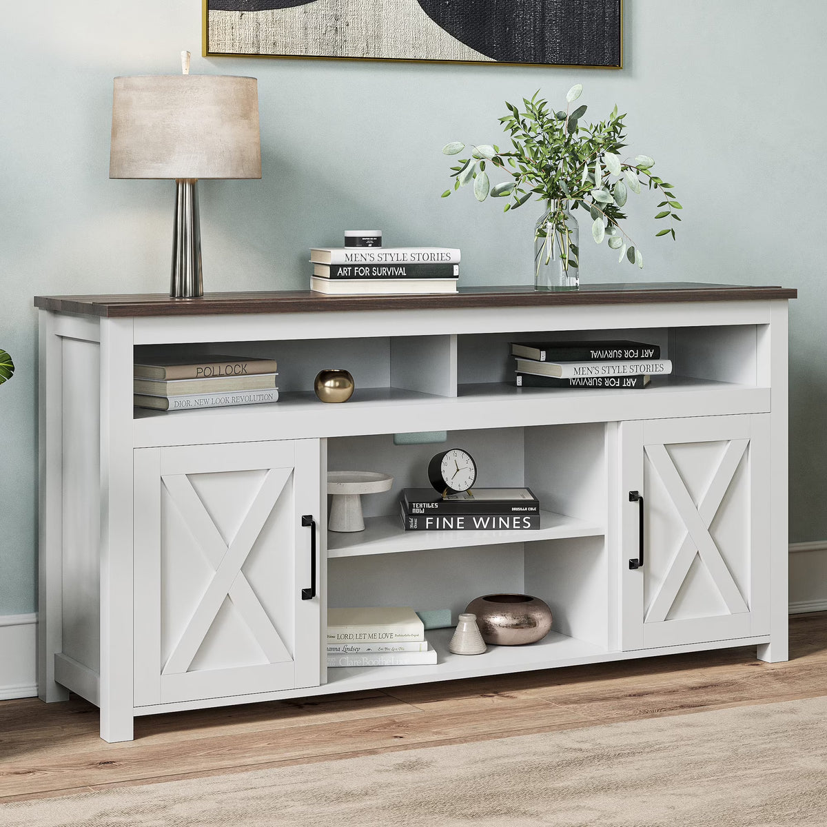 BELLEZE 58 Inch TV Stand, Contemporary Entertainment Center for TVs up to 65", Wood Media Console Table with Two Open Shelves and Barn Door Cabinets - Corin (White)