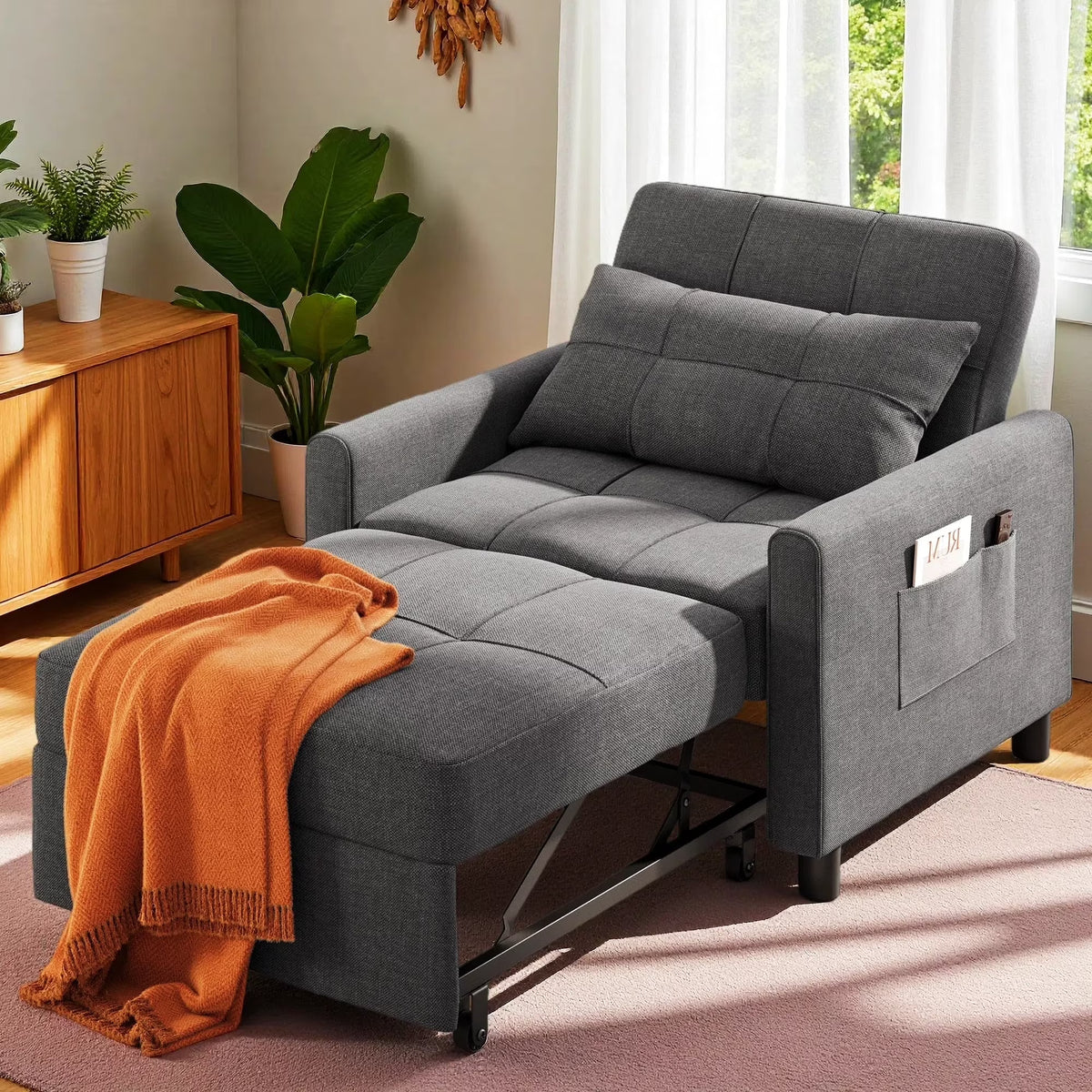 Sofa Bed, Lofka 3-in-1 Convertible Sleeper Sofa with Storage, Adjustable Backrest & Pull Out Function - Sleeper Chair for Small Space, Apartment, Dark Grey