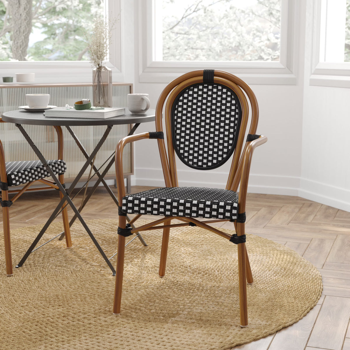 Merrick Lane Stacking Thonet French Bistro Style Chair with Arms, Black & White PE Rattan Seat, and Bamboo Finished Metal Frame for Indoor/Outdoor Use