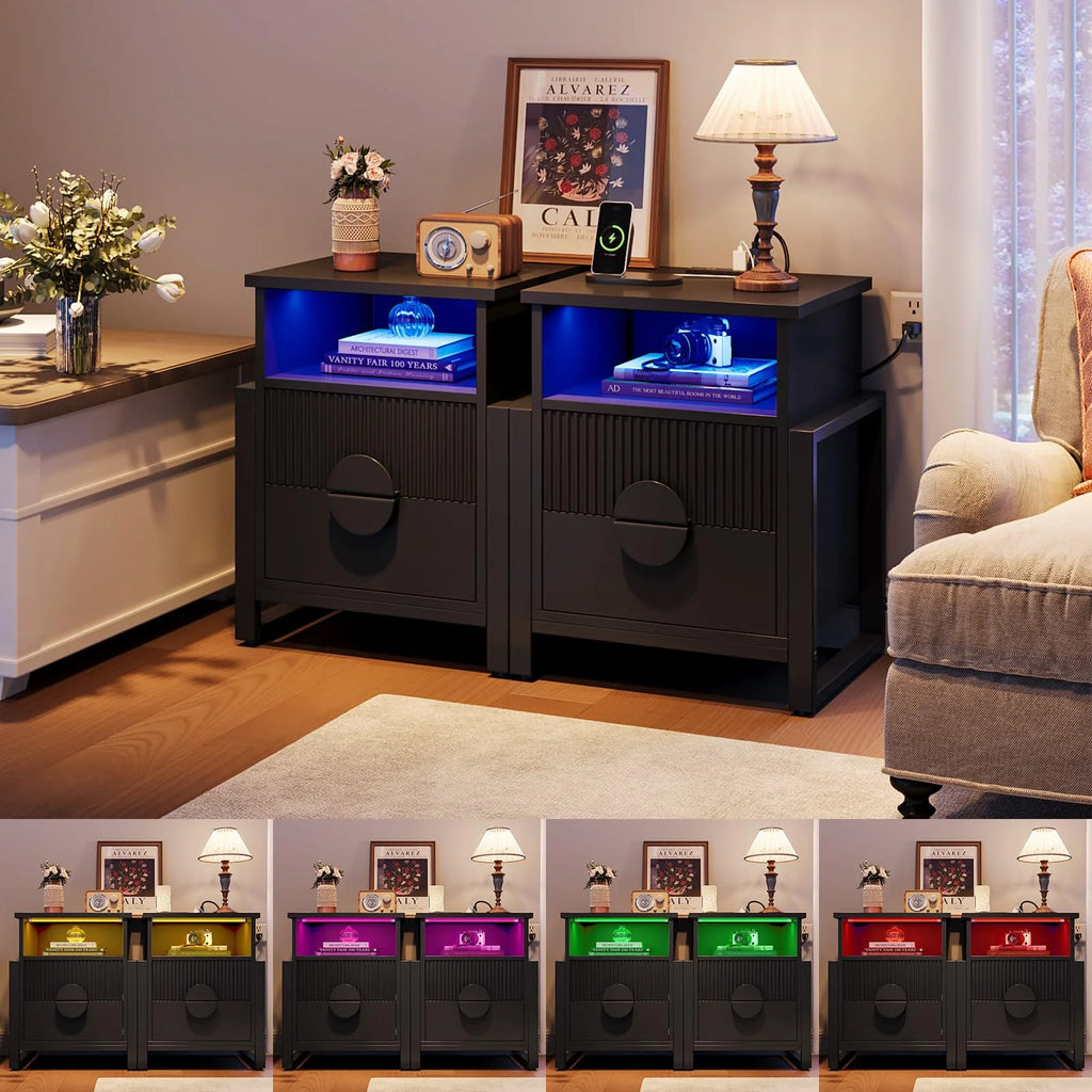 LGHM 3 Piece Bedroom Dresser and Nightstand Set, Fluted Wide Chest of Drawers, Bed Side Table End Table with LED Lights for Living Room, Black