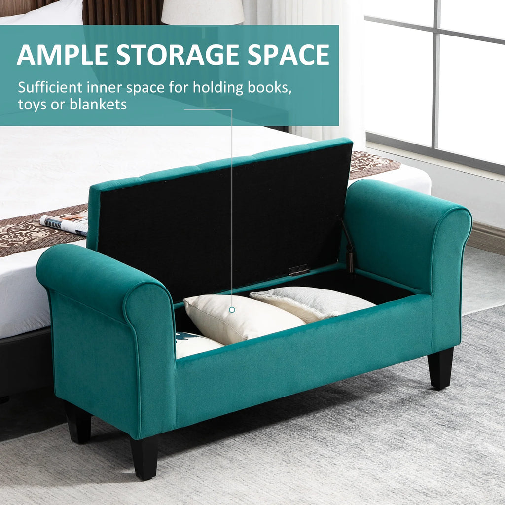 HOMCOM Button-Tufted Storage Ottoman Bench, Upholstered Bench with Rolled Armrests for Living Room or Hallway, Blue