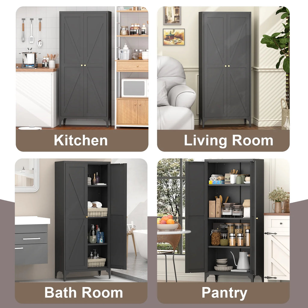 Aukfa 71" Freestanding Kitchen Pantry Storage Cabinet with 4 Adjustable Shelves, Metal Food Pantry Cupboard for Kitchen/Garage/Office, White