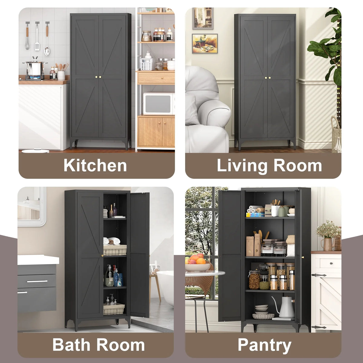 Aukfa 71" Freestanding Kitchen Pantry Storage Cabinet with 4 Adjustable Shelves, Metal Food Pantry Cupboard for Kitchen/Garage/Office, White