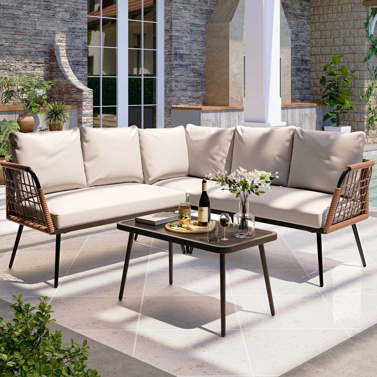LAUSAINT HOME 4 Pieces Outdoor Conversation Sets, Patio Metal Frame Sofa with Wood Loveseat and Coffee Table, Beige Cushions