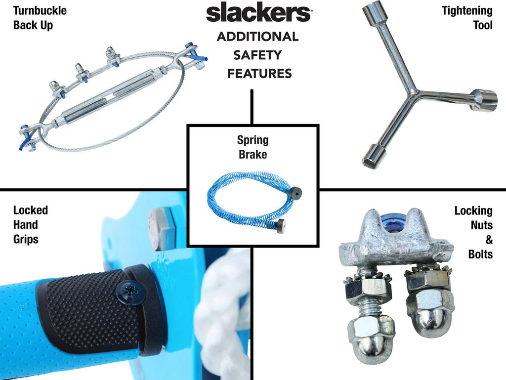 Slackers 70′ Zipline System with Seat and Bonus Spring Brake System including Premium Zip Line Safety Features