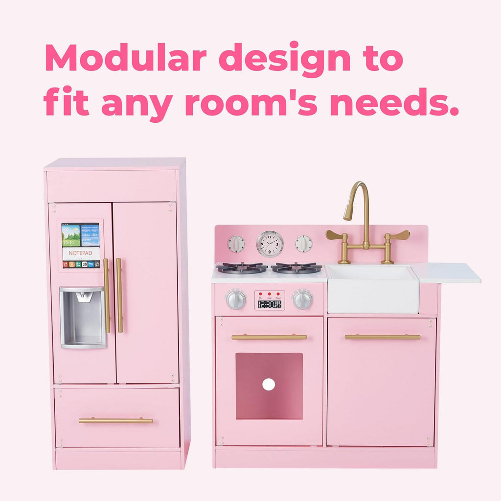Teamson Kids Little Chef Charlotte Wooden Play Kitchen Set for Toddlers. Pretend Cooking Playset with Stove. Sink &amp; Fridge. Pink/Gold
