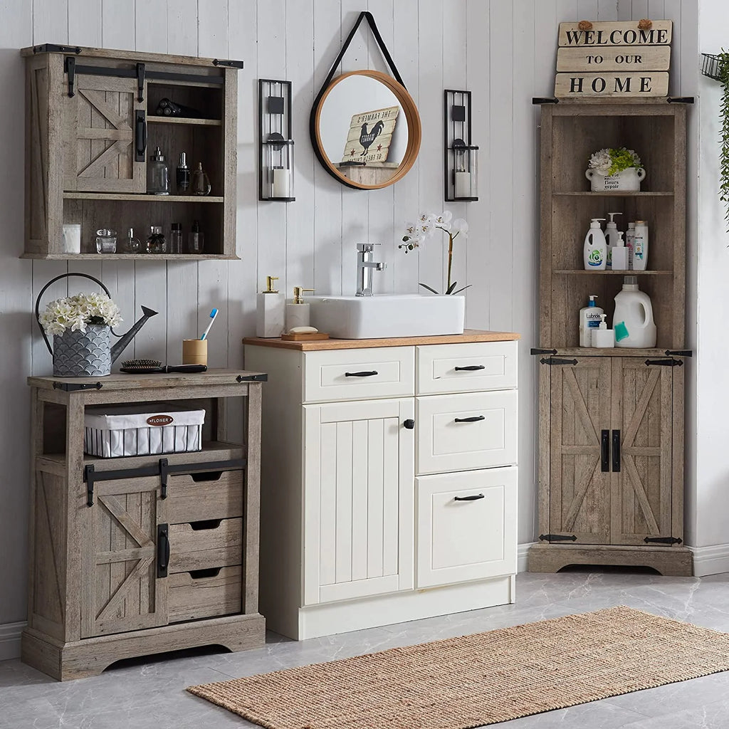 OKD Farmhouse Bathroom Storage Cabinet with 3 Drawers and Adjustable Shelves Wooden Rustic Accent Entryway Cupboard, Antique White