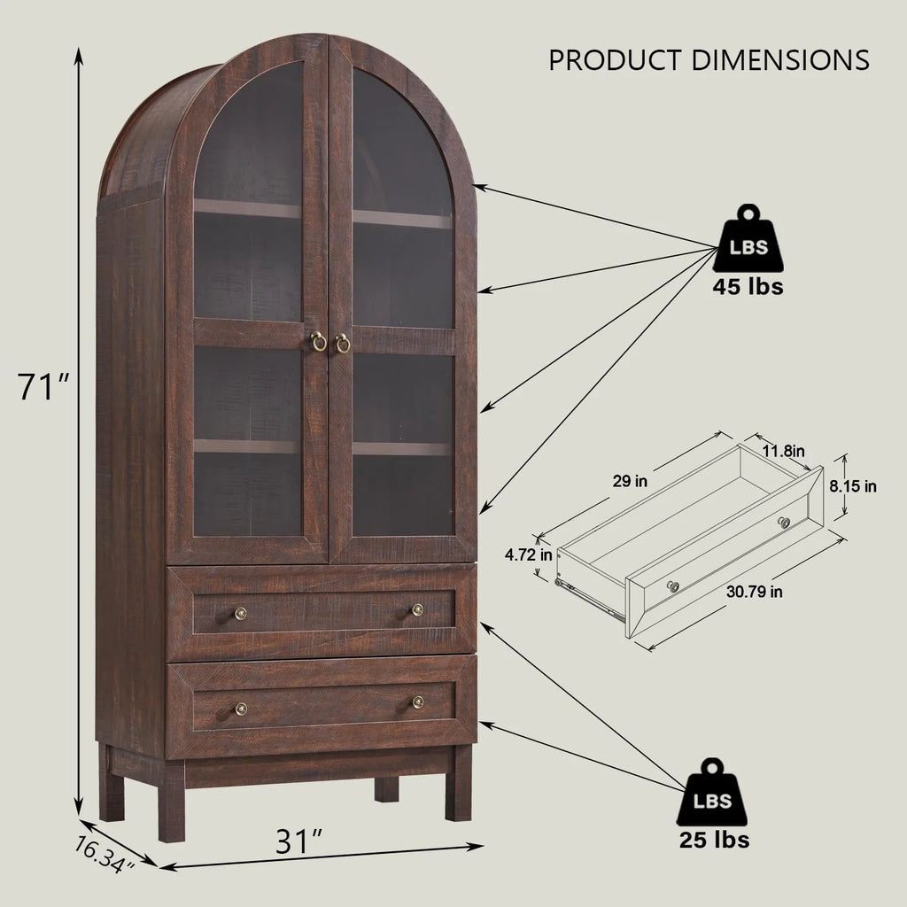 IFGET 71-Inch Arched 4-Tier Bookcase with Glass Doors and Drawers