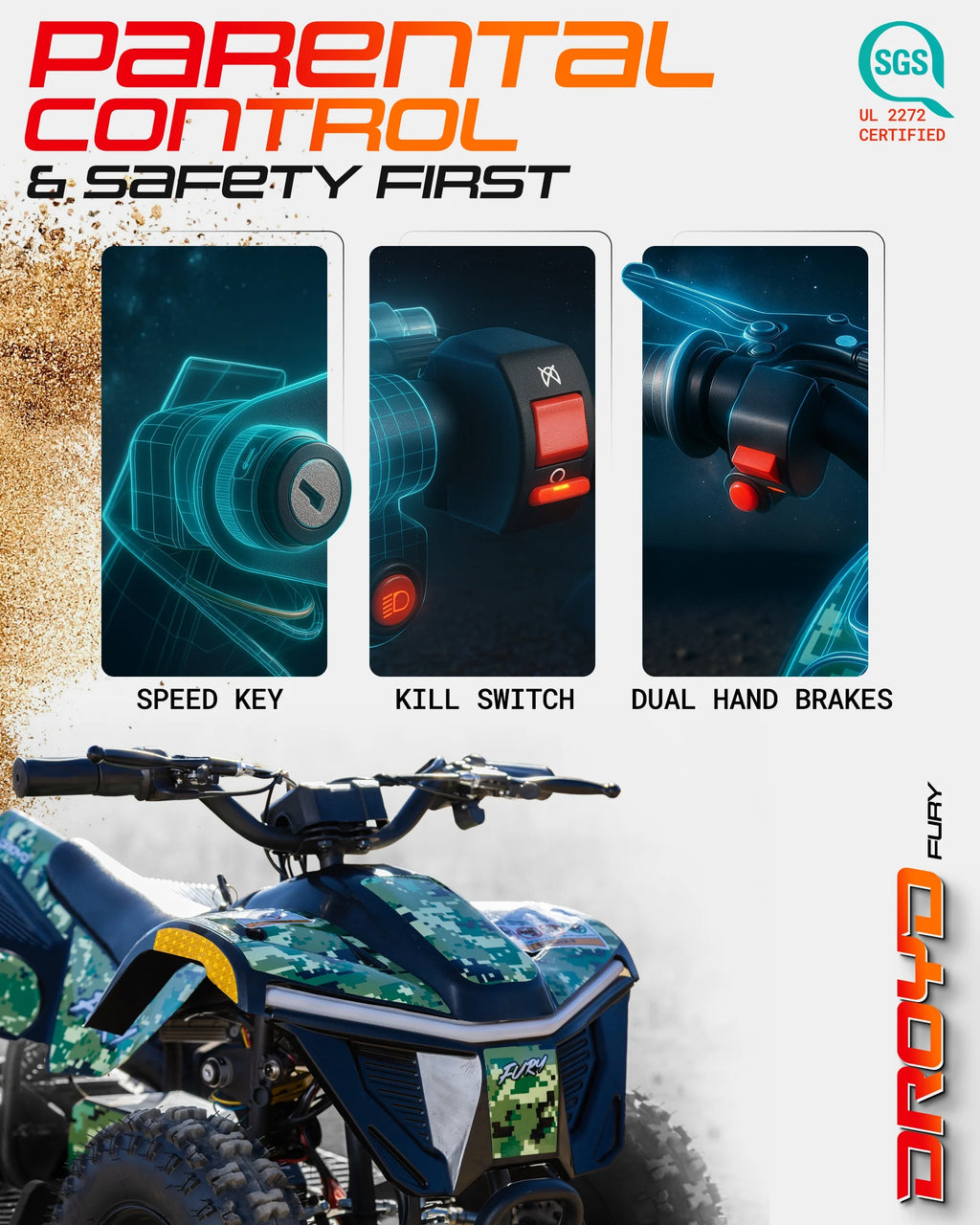 Droyd Fury Electric Youth ATV, 36V 500W Brushless Motor, Dual Suspension, Max Speed 15 mph, Offroad