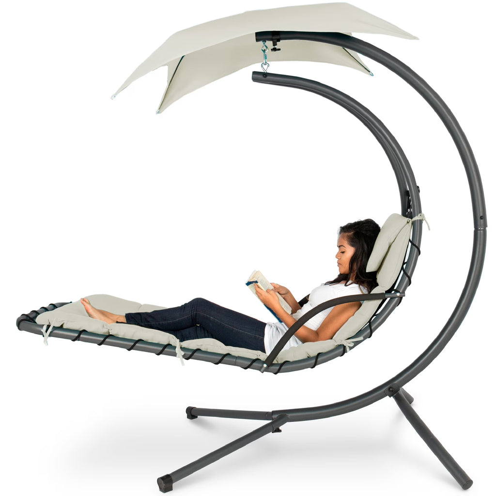 Best Choice Products Hanging Curved Chaise Lounge Chair Swing for Backyard, Patio w/ Pillow, Shade, Stand - Teal