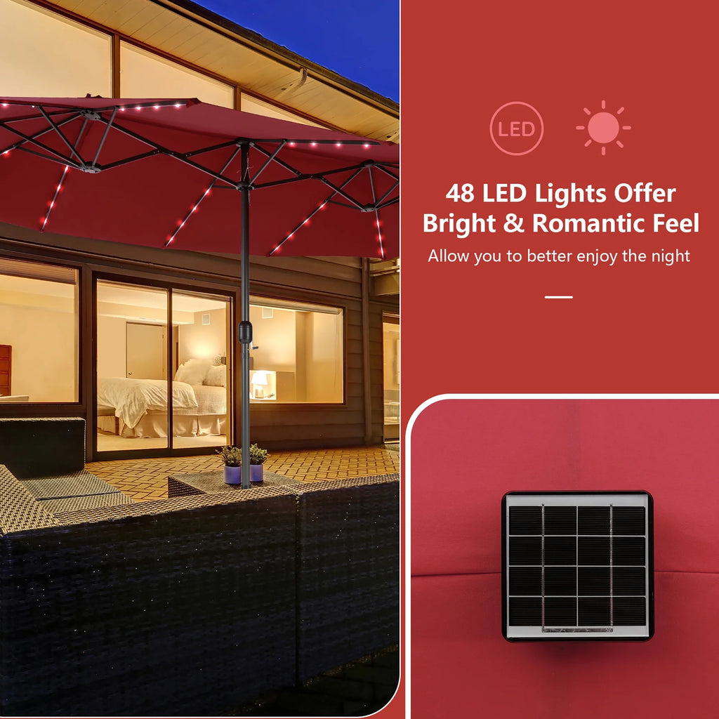 Costway 15FT Twin Patio Double-Sided Umbrella 48 Solar LED Lights Crank Outdoor Beige