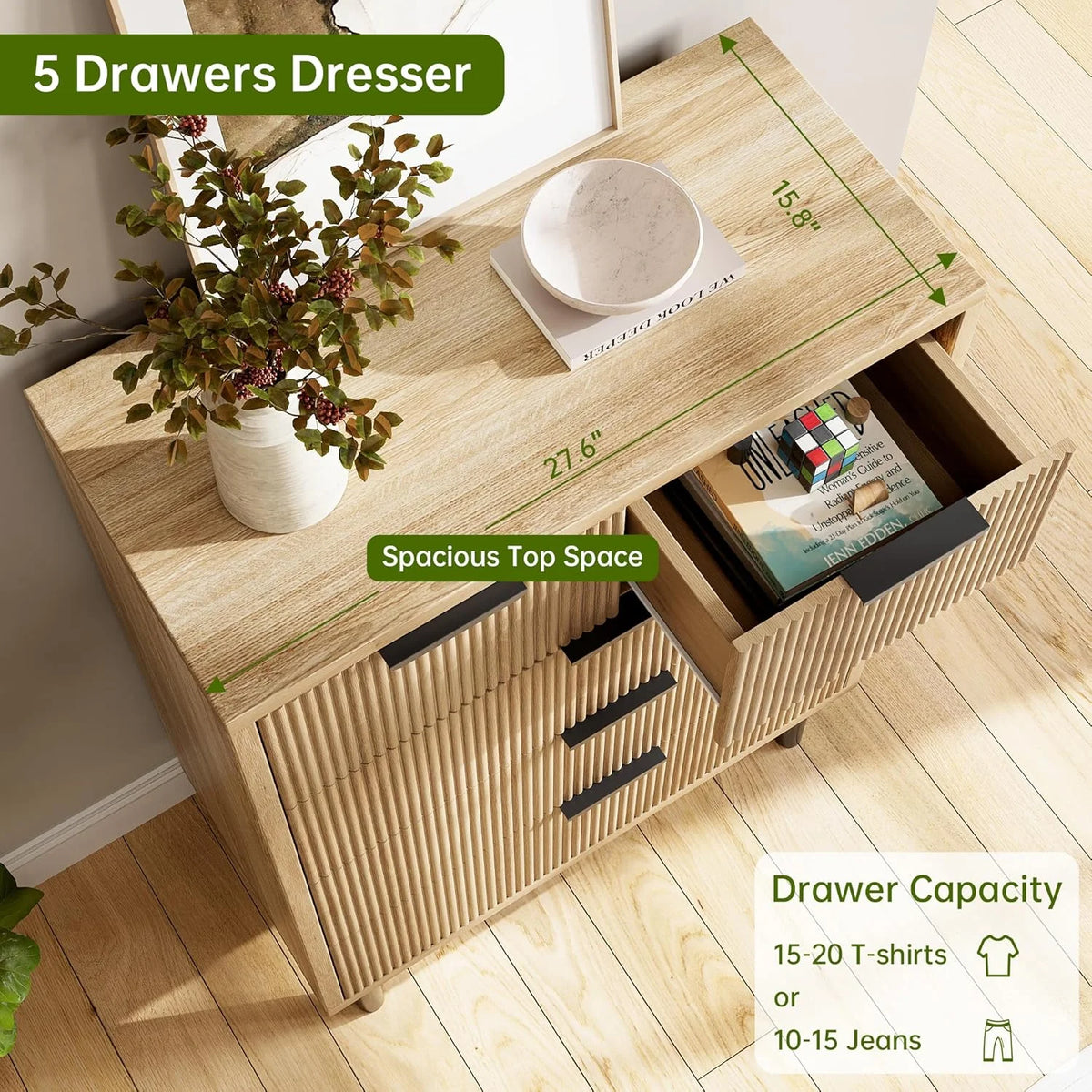 GAOMON 5 Drawer Dresser for Bedroom, Modern Wood Chest of Drawers with Wide Drawers, Closet Dresser Organizer with Anti-Tipping Device and Metal Legs for Hallway Entryway,Natural