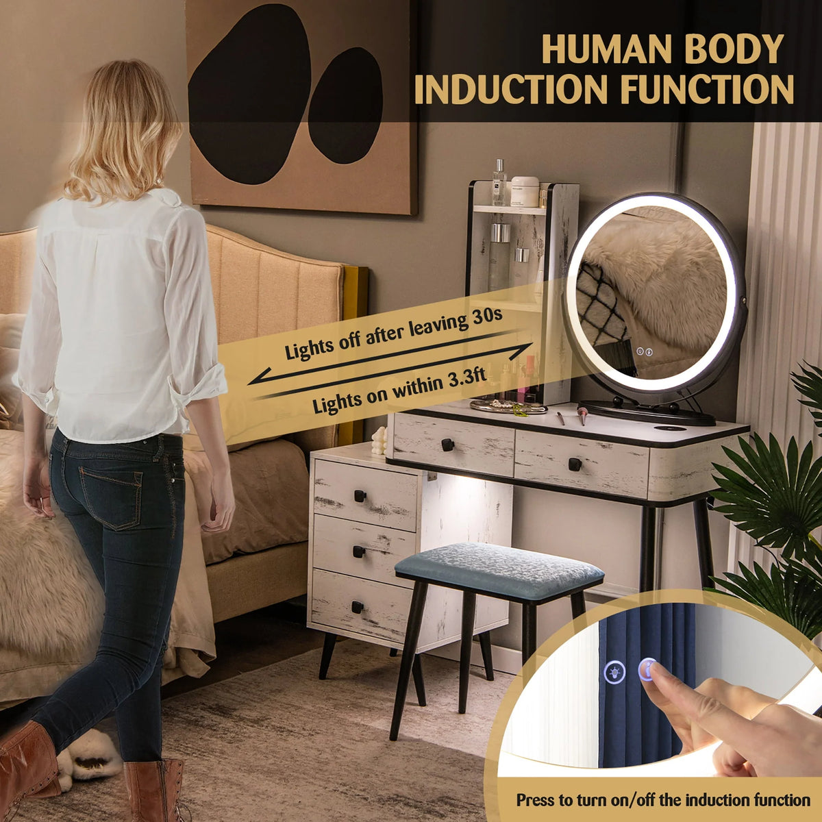 Costway Vanity Makeup Table Set 3-Color Dimmable Human Body Induction LED Light White