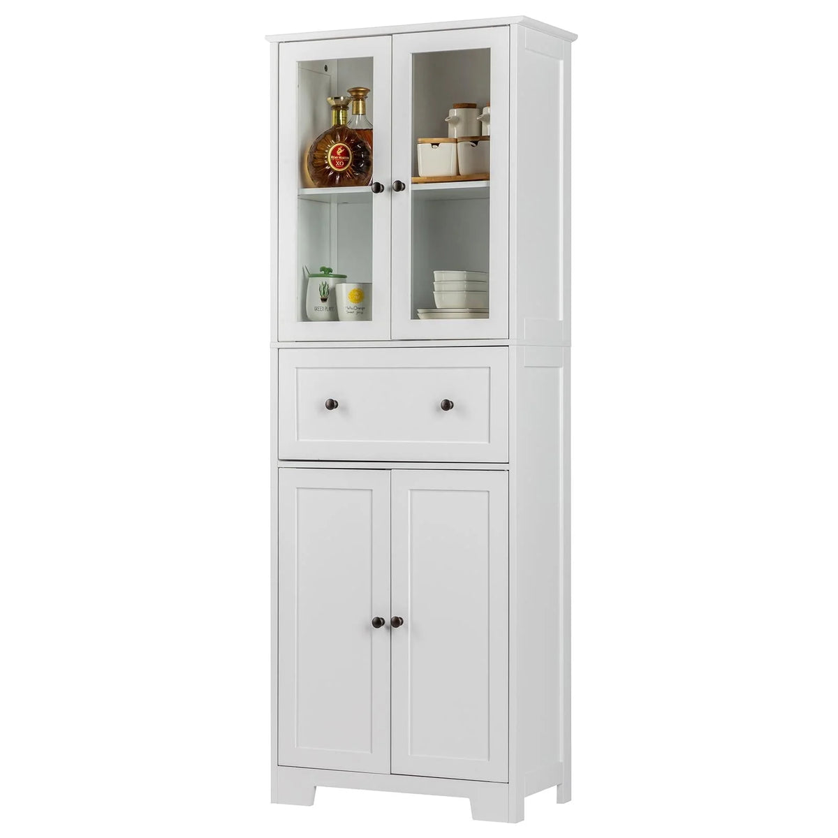 Ktaxon 64" Tall Bathroom Storage Cabinet Organizer, Freestanding Kitchen Pantry Cabinet Line Tower with 2 Glass Doors, Large Drawer & 4 Adjustable Shelves for Dining Room Living Room Home Office,White
