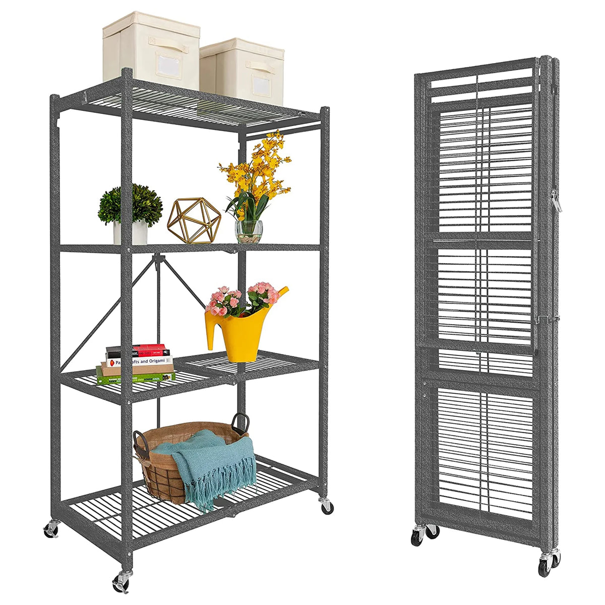 Origami 2-Pack R5 Series Heavy-Duty 4-Tier Foldable Steel Shelf, Pewter
