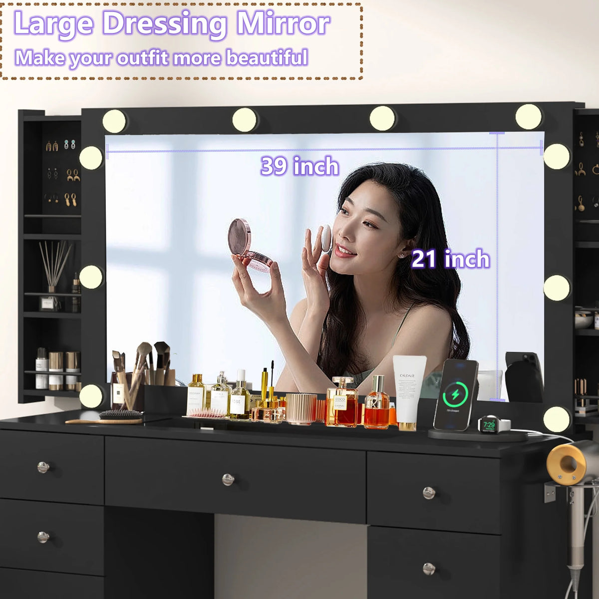 White Vanity Desk with Large Lighted Mirror & Power Outlet, Makeup Vanity Table with Glass Top & Drawers, Sliding Storage, 44.1" Large Makeup Vanity Table for Women Girls, White
