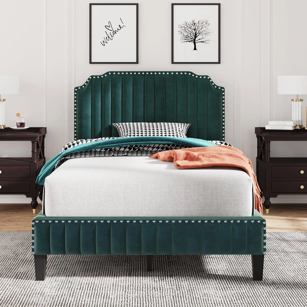 Green Upholstered Platform Bed, Full Size Bed Frame with Solid Wooden Slat Support and Curved Upholstered Wingback Headboard, Heavy Duty Full Bed Mattress Foundation, No Box Spring Required