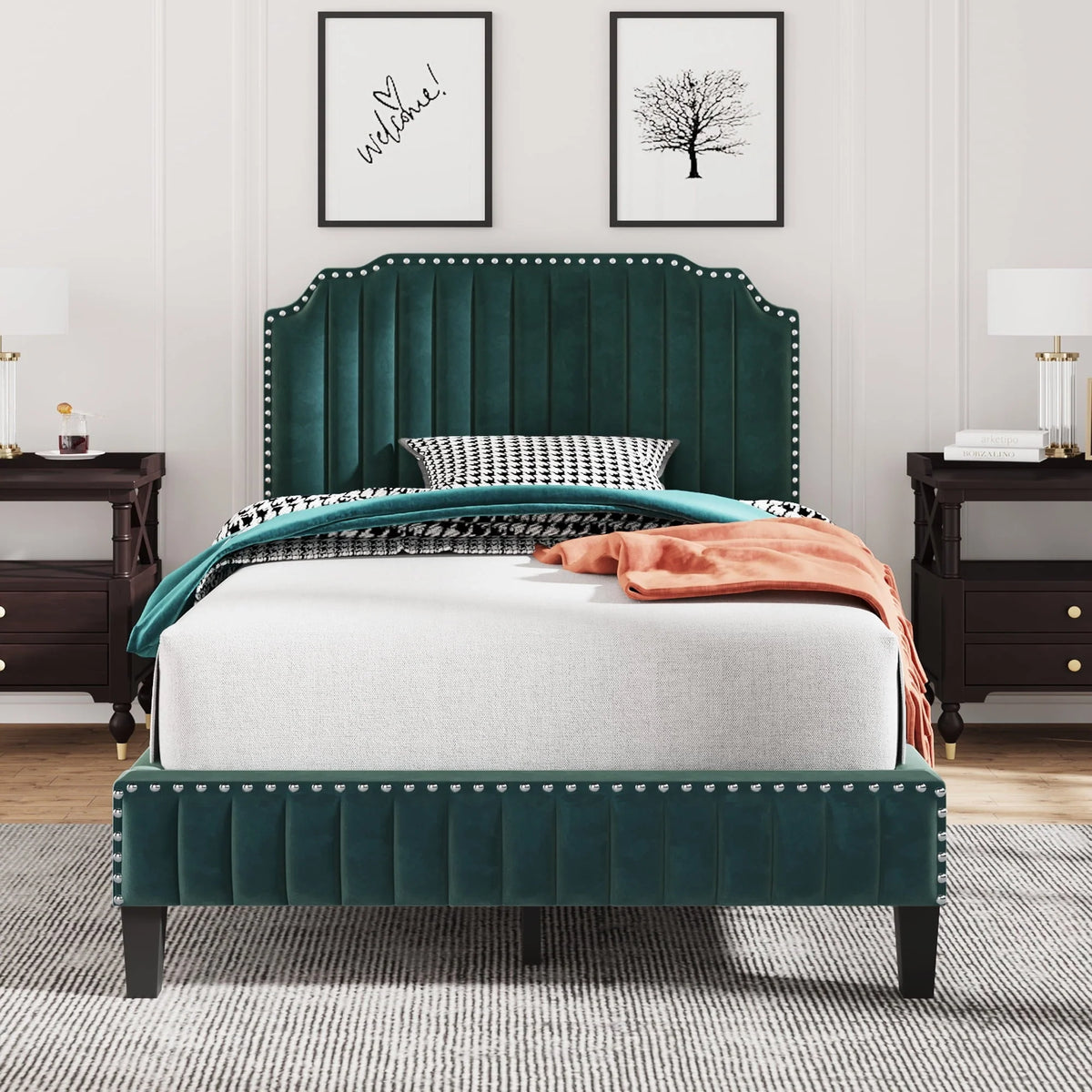 Green Upholstered Platform Bed, Full Size Bed Frame with Solid Wooden Slat Support and Curved Upholstered Wingback Headboard, Heavy Duty Full Bed Mattress Foundation, No Box Spring Required