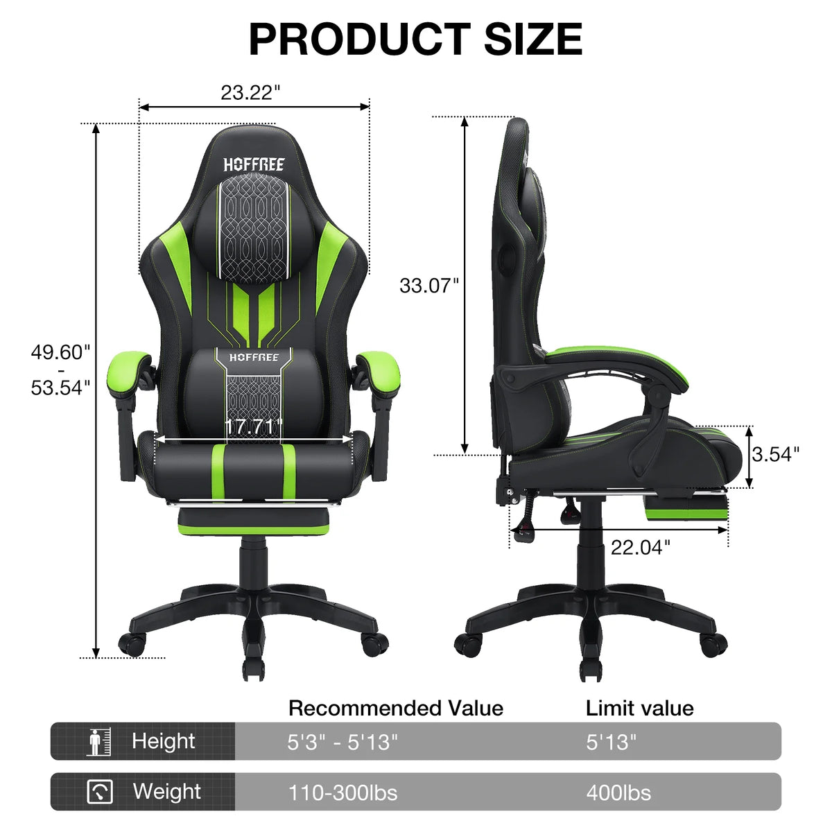 HOFFREE Big and Tall Gaming Chair with Speakers and RGB Lights, Gamer Chair with Footrest, Lumbar Support Height Adjustable 360-Swivel Seat and Headrest for Adults, 400lbs