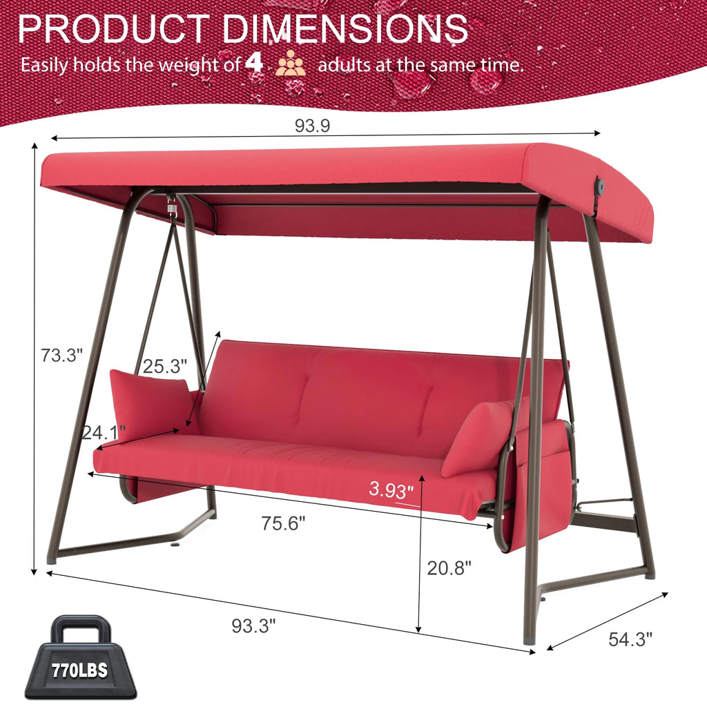 TQKVIPI Oversized 4 Person Outdoor Porch Swing with Adjustable Backrest Canopy,2-in-1 Swing Bed 800 lbs Capacity,Patio Swing with Removable Cushions for Yard Garden Poolside Balcony
