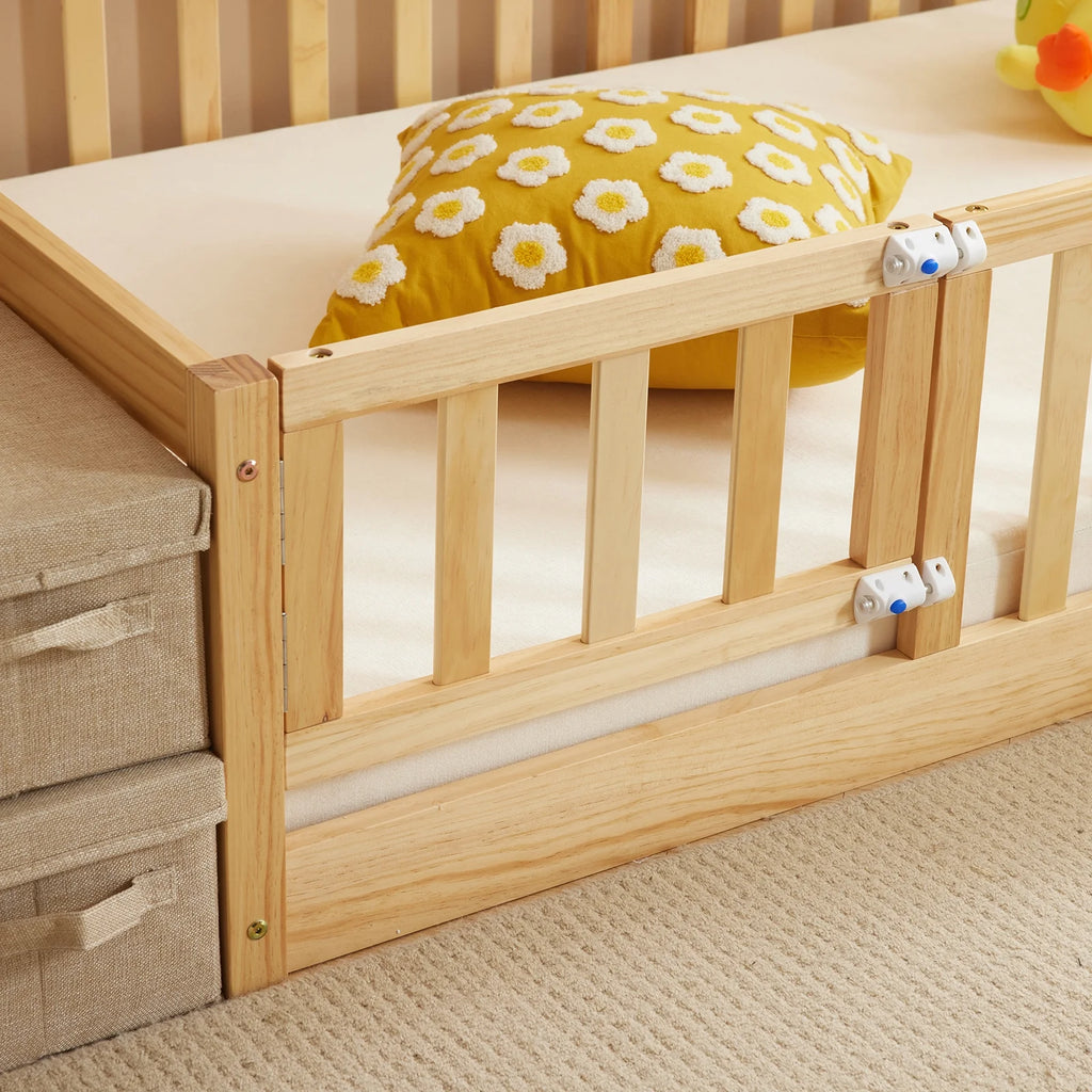 Zimtown Montessori Floor Bed Frame, Full Size Kids Toddler Bed with Fence and Door, Wooden Platform Bed, White