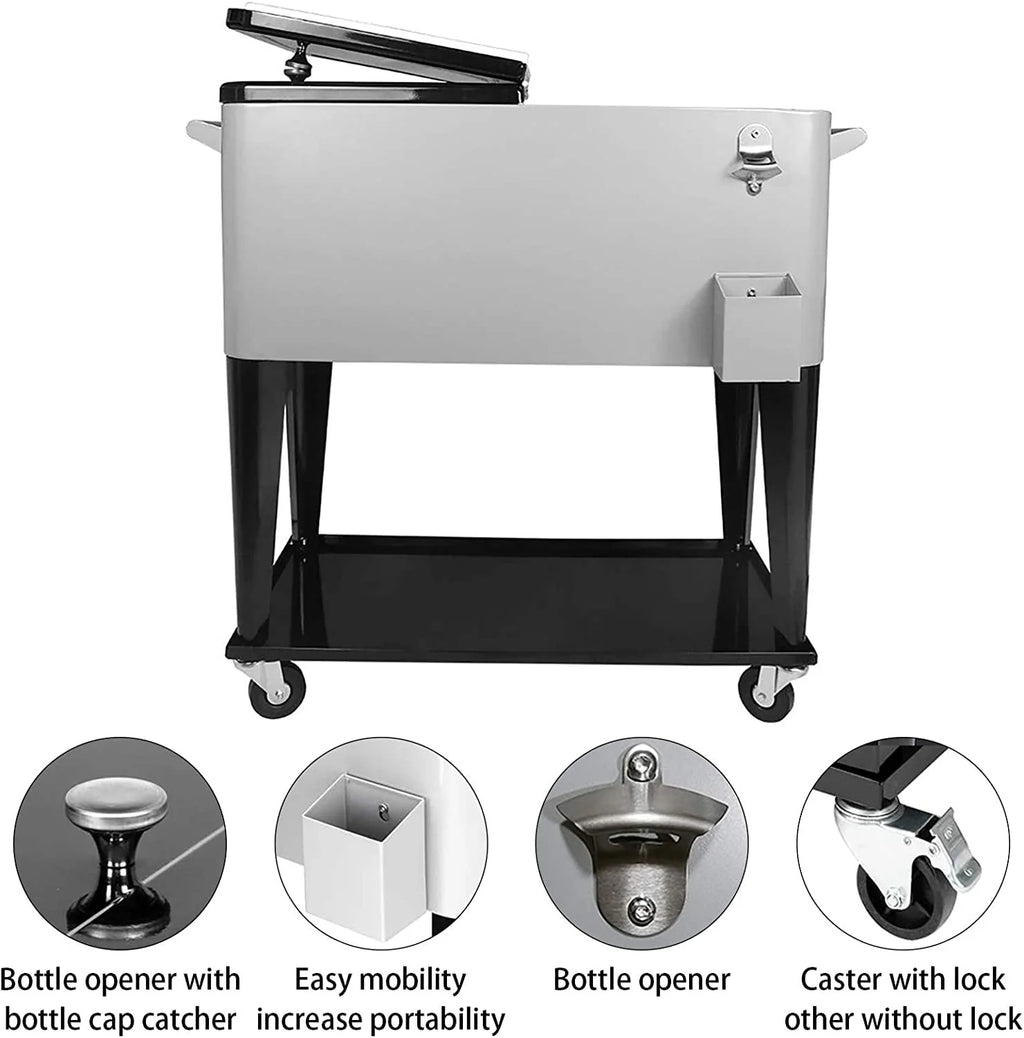 FreeLung 80QT Rolling Cooler Cart with Wheels Ice Chest Outdoor Backyard Coolers on Wheels Silver